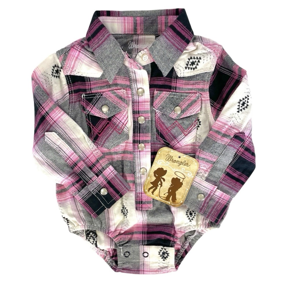 Wrangler Baby 0-3M Pink Black Plaid Pearl Snap Western Bodysuit NWT
